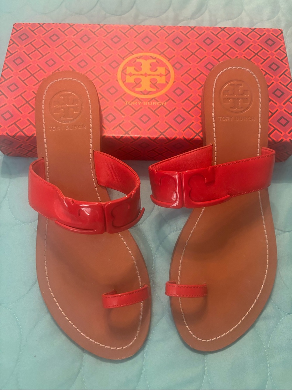 Tory Burch Red Patent Leather Toe-Ring Slide Sandals